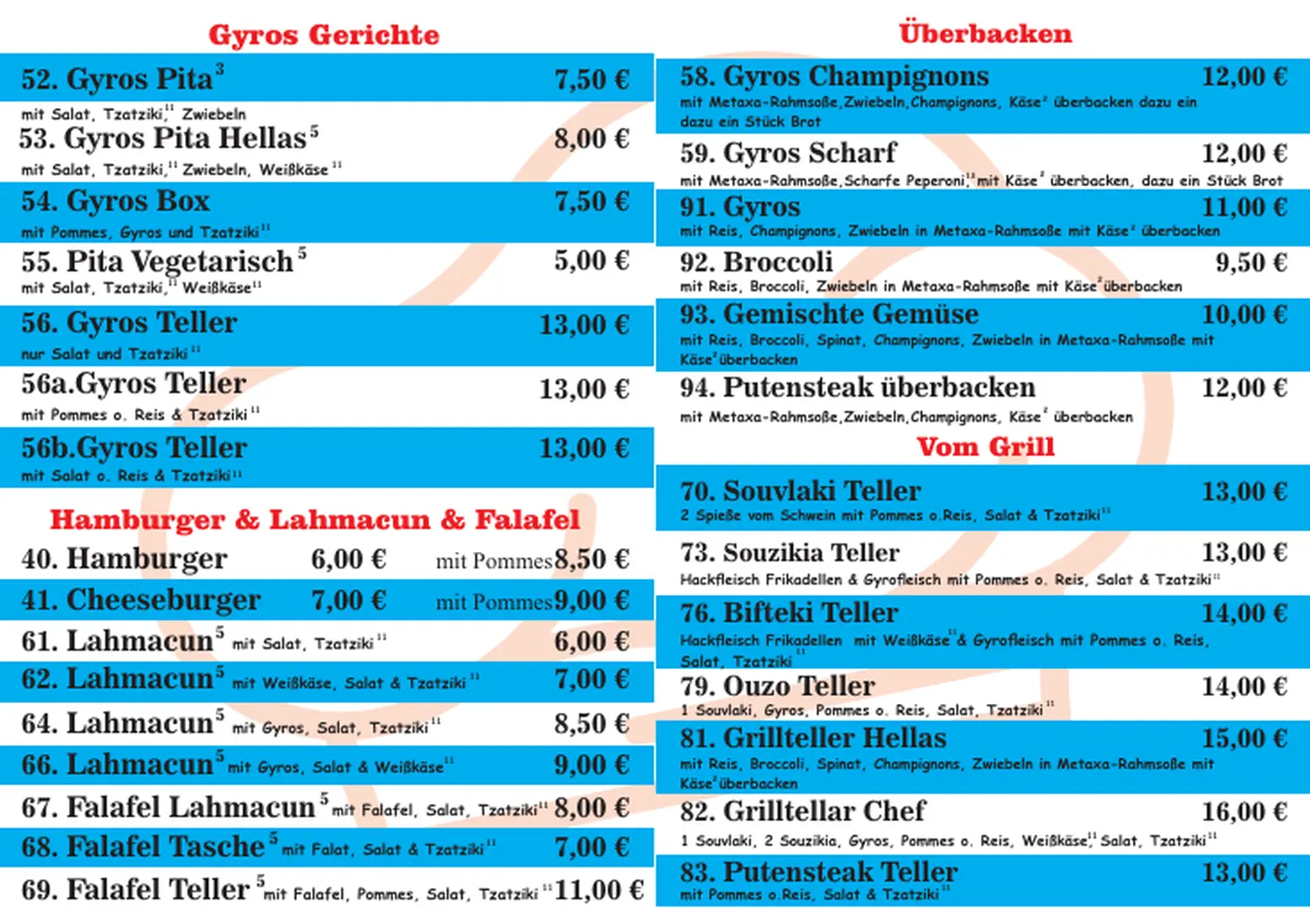 Plato Grill - Menüliste
