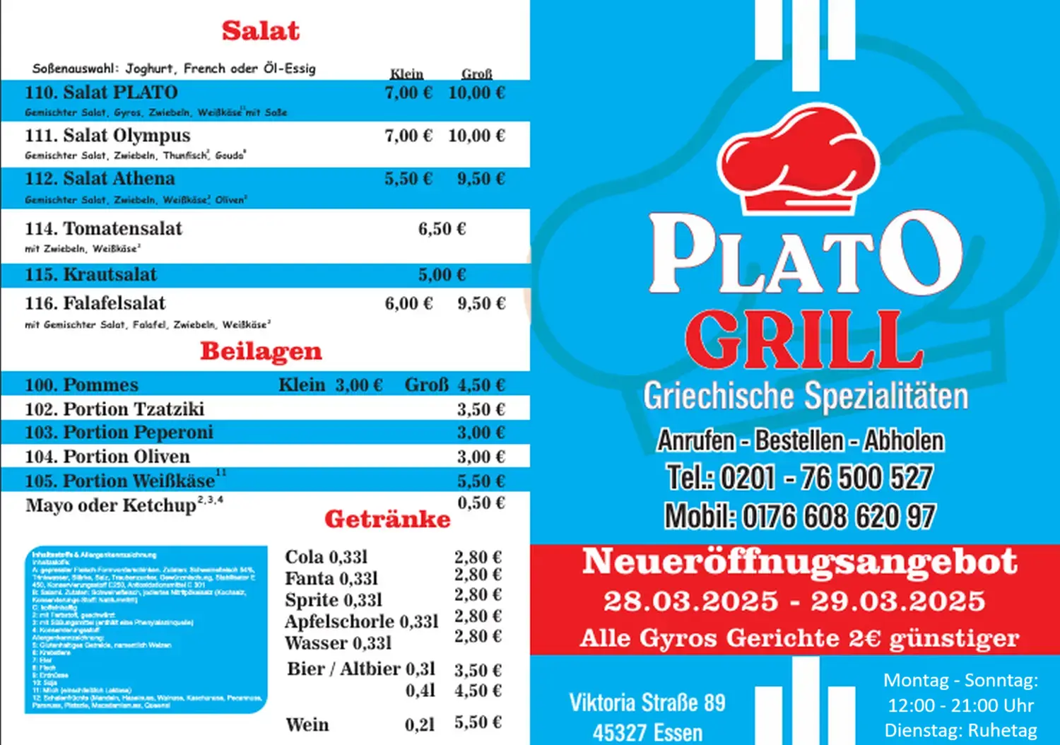 Plato Grill - Menüliste